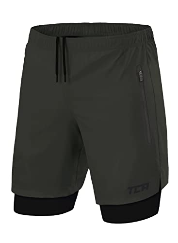 TCA Ultra Laufhose Herren 2-in-1 - Kurze Sporthose/Trainingshose/Laufshorts mit integrierter Kompressionshose und Reißverschlussfach - Darkest Spruce (Grün) (2X Reißverschlusstasche), L