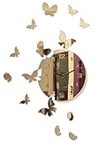 FLEXISTYLE Große Moderne Wanduhr Schmetterling rund 30cm, 15 Schmetterlinge, Wohnzimmer, Schlafzimmer, Kinderzimmer, Produkt in der EU hergestellt (Goldspiegel)
