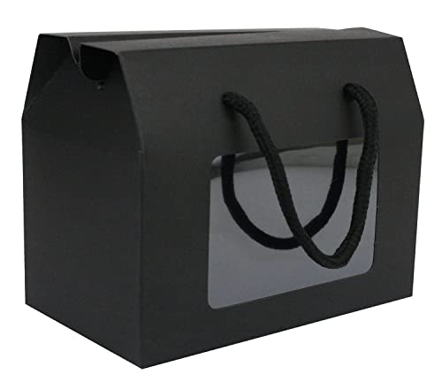 Emartbuy Starke Papier-Geschenkbox-Beutel, 15 cm x 11 cm x 9 cm, schwarze Kraftpapier-Box für Cupcakes, Kekse, Muffins, Kuchen, mit transparentem Fenster und Tragegriff, 24 Stück