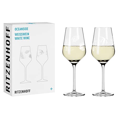 Ritzenhoff 3821001 Weißweinglas 300 ml – 2er Set – Serie Oceanside Nr. 1 – 2 Stück mit Fischmotiv – Made in Germany
