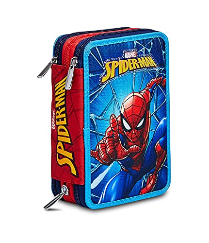 Seven School, Marvel, Spider Man Wall Crawler Federmäppchen, 3 organisierte Reißverschlüsse, komplett mit Bleistiften, Stiften und Markern, offizielles Produkt, blau