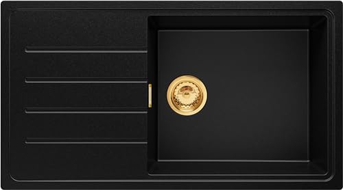 Spülbecken Schwarz 90x50 cm, Granitspüle + Ablauf-Set mit Goldenem Siphon, Küchenspüle für 60er Unterschrank, Einbauspüle von Primagran