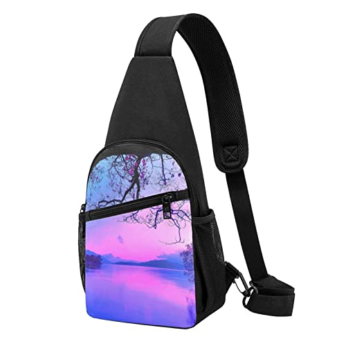 Brusttasche mit Sonnenuntergang auf Wasser, bedruckt, Violett, Schwarz , Einheitsgröße