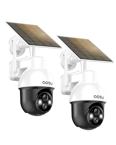 AOSU Überwachungskamera Aussen mit Solarpanel, Panorama-PTZ, Automatischer Personenverfolgung, 2K-Nachtsicht, Licht- und Tonalarm, 2-Wege-Audio, kompatibel mit Alexa/Google Assistant(2-Pack)