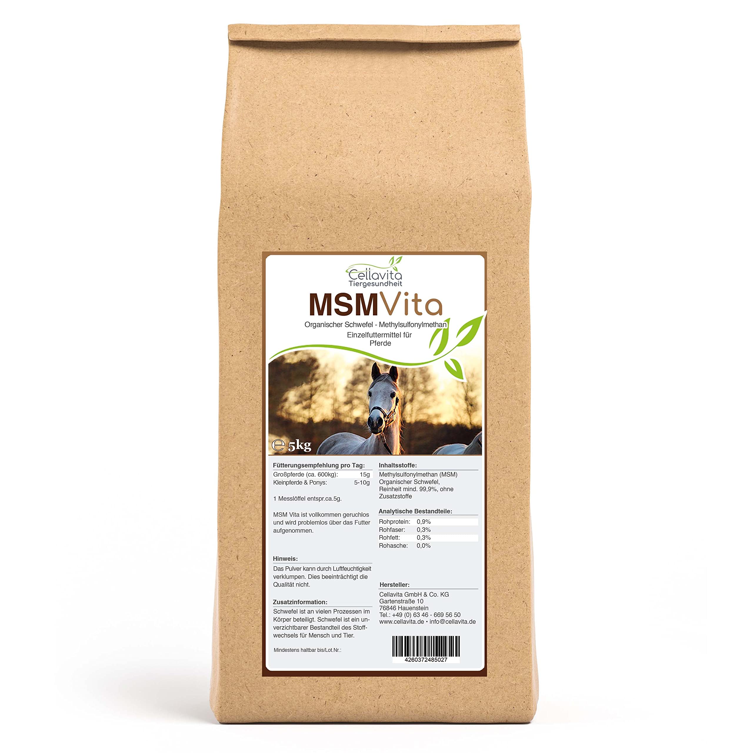 Cellavita | MSM - Organischer Schwefel - 5 kg für Pferde | pharmazeutische Qualität Schwefel pur 99,9% rein - 5 kg Eimer