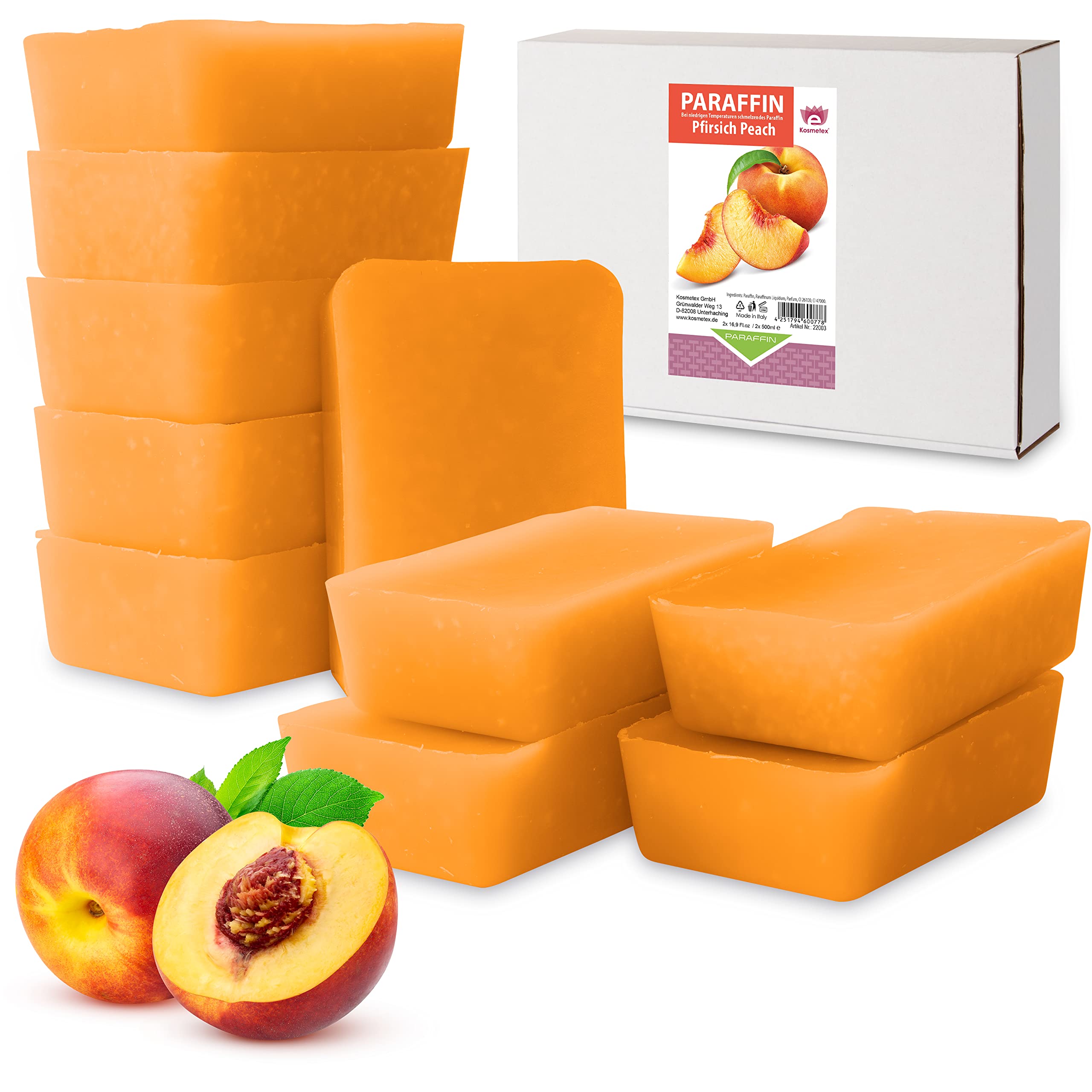 Kosmetex Paraffinbad Peach Pfirsich – Paraffin-Wärmebad für Hände + Füße – Paraffinwachs – Paraffin-Block für Wachserwärmer – Wachsbad (10x 500ml)