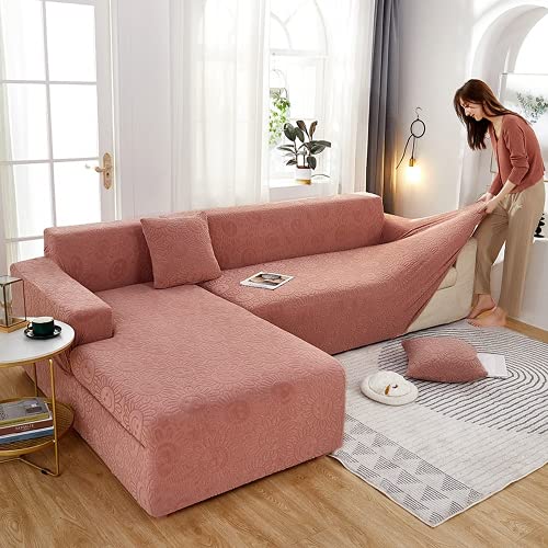 OKJK Jacquard Samt Stretch Sofabezug l Form All-Inclusive, Einfarbige universelle Chaiselongue Sofa überzug, Couchbezug eckcouch für Wohnzimmer (Rose pink,3 Seater and 2 Seater)