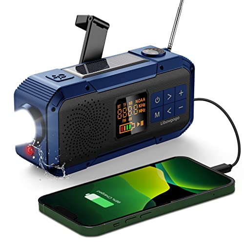 Kleines Notfallradio mit Handkurbel, wasserdichter Bluetooth-Lautsprecher, tragbares digitales AM-FM-Radio mit Taschenlampe, Blitzlampe, 2000mAh Powerbank, Solar- und Akkubetriebenes Kurbelradio