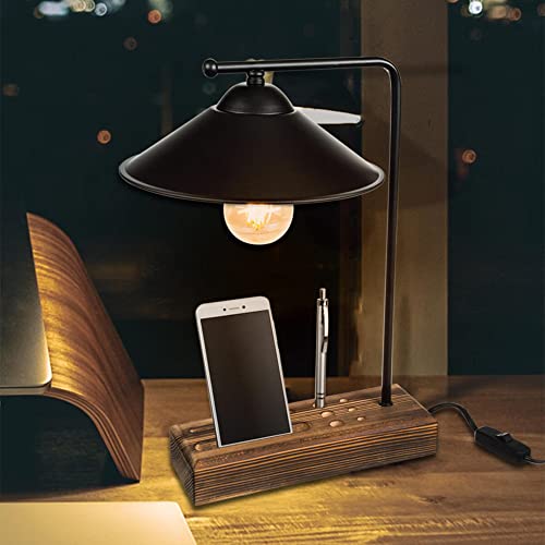 lux.pro Tischleuchte Folkestone Tischlampe Beistelllampe Wohnzimmerlampe Lampenschirm für Arbeitszimmer E27 1-flammig aus Massivholz mit Handyhalter Metall Schwarz / Holz