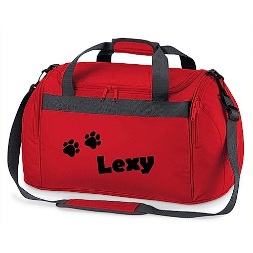 minimutz Sporttasche mit Pfoten | Personalisiert mit Namen | Sporttasche für Tierliebhaber Kinder | Hundetasche für die Tierpension | Reisetasche und Urlaubs-Tasche für Tiere (rot)