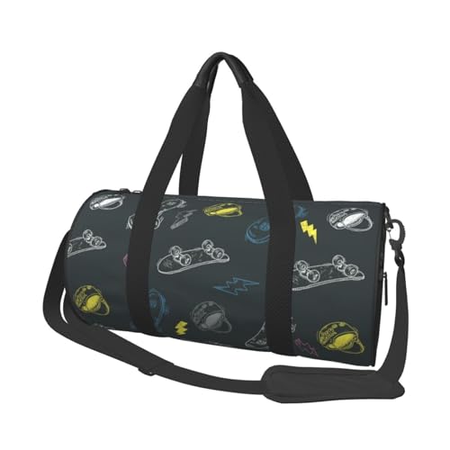 Graffiti Skateboard-Reisetasche, Organizer, Sporttasche, Turnbeutel, großer Druck, Polyester, Schultertasche für Damen und Herren, Schwarz , Einheitsgröße