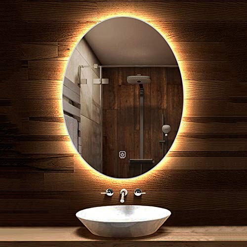 BTZHY Badspiegel,Wandmontierter Badezimmerspiegel mit LED-beleuchtetem, explosionsgeschütztem Spiegel, oval, Rahmenlos, Touch-Taste