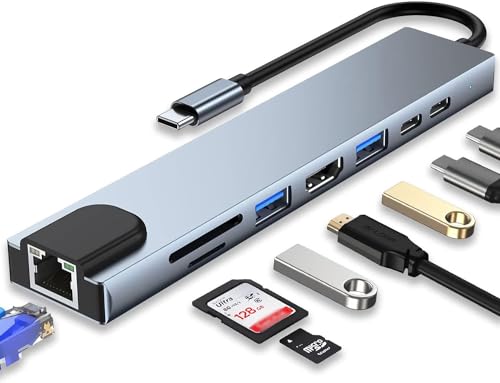 Docking Station, Moman CT8 mit 8 Ports Multiport Adapter mit USB Typ-C / 4K@30Hz HD,2*USB 3.0/ 100W Power Delivery/SD/TF-Kartenleser/RJ45-Ethernet, mit iPhone 15/MacBook iPad Pro iMac S23