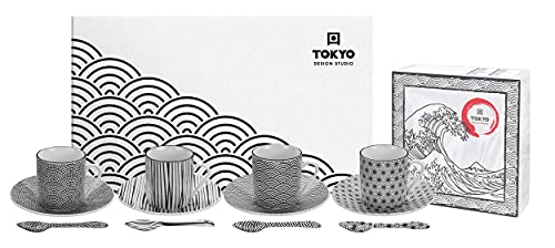 TOKYO design studio Nippon Black Espresso-Set schwarz-weiß, 12-TLG, 4X Espresso-Tassen mit Untertassen und Löffeln, asiatisches Porzellan, Japanisches Design, inkl. Geschenk-Verpackung
