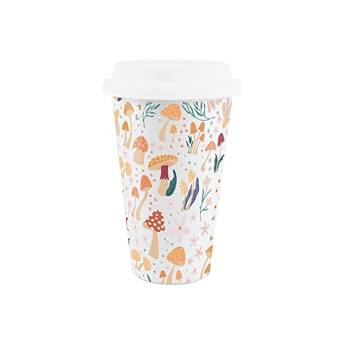 Wiederverwendbarer Cottagecore Reisebecher aus Keramik – Waldpilze – Silikondeckel doppelwandig isoliert für heiße / kalte Getränke Tee Kaffee Geschenk Tasse