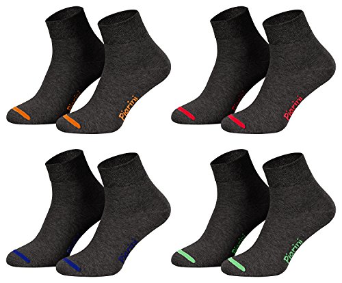 Piarini 8 Paar kurze Socken Kurzsocken Quarter Socken für Damen Herren - dünn ohne Gummibund - anthrazit mit Neonspitze 47-50