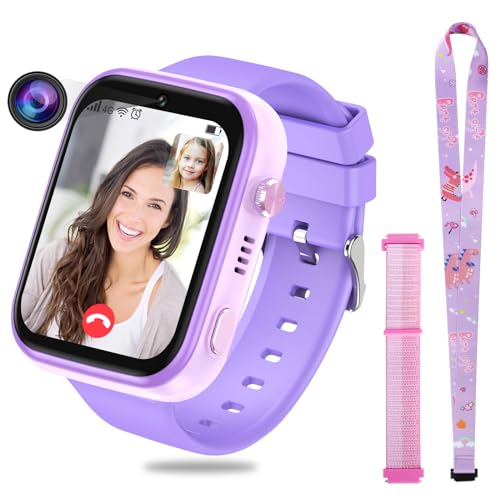OKYUK 4G Smartwatch für Kinder, GPS-Tracker, mehrere Desktop-Stile zur Auswahl, Zwei-Wege-Anrufe, Bildkompetenz, SOS, WLAN, wasserdichter Touchscreen für 4–12 Jungen und Mädchen (Lila)