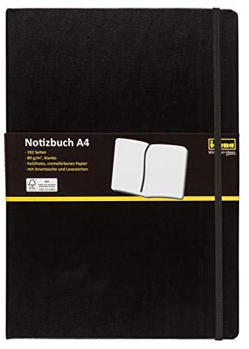 Idena 10053 Notizbuch FSC-Mix, A4, blanko, Papier cremefarben, 96 Blatt, 80 g/m², Hardcover in schwarz, 1 Stück