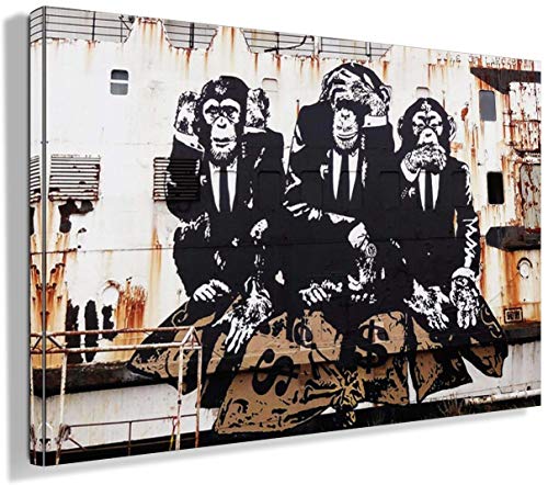 Banksy Bilder Leinwand 3 Affen Bild Graffiti Street Art Leinwandbild Fertig Auf Keilrahmen Kunstdrucke Wohnzimmer Wanddekoration Deko XXL (30x40cm(11.8x15.7inch))