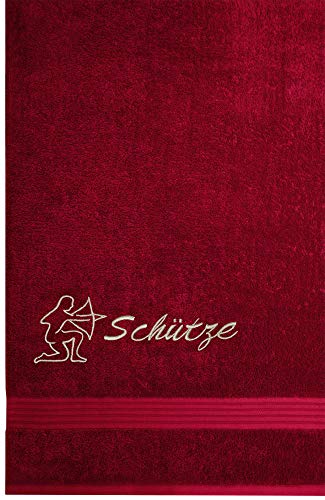Lashuma Frottee Handtuch mit Tierkreiszeichen Schütze, Linz Reisehandtuch Bestickt 70x140 cm, Rubin Rot