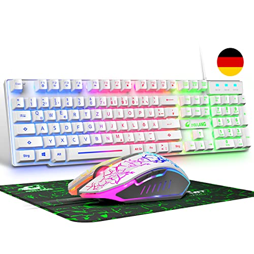 Kabelgebundene weiße Gaming-Tastatur mit Maus Deutsches Layout QWERTZ Kabelgebundene Tastatur LED-RGB-Hintergrundbeleuchtung 2400 DPI 6-Tasten-Maus Tastatur und Maus kompatibel mit PC PS5 PS4 Xbox
