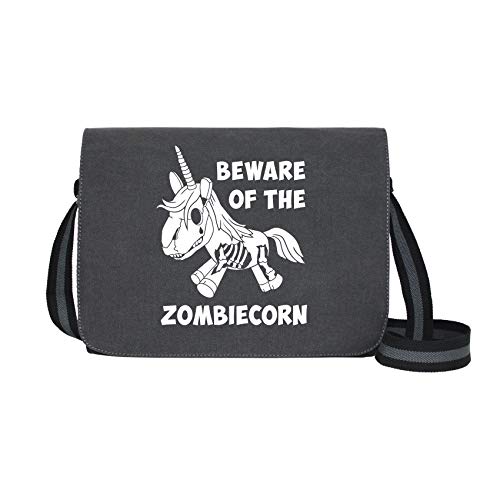 Beware of The Zombiecorn - Umhängetasche Messenger Bag für Geeks und Nerds mit 5 Fächern - 15.6 Zoll, Schwarz Anthrazit