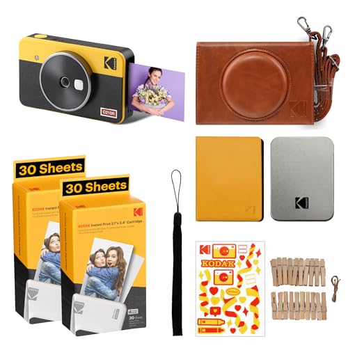 Kodak Mini Shot 2 Retro, Tragbare Sofortbildkamera und Fotodrucker, iOS und Android, Bluetooth, 4Pass-Technologie (54 x 86 mm) – Gelb– Zubehör-Bundel, 68 Blatt