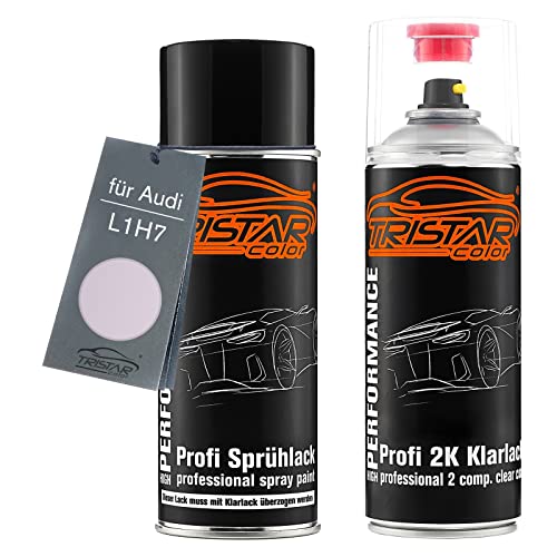 TRISTARcolor Autolack 2K Spraydosen Set für Audi L1H7 Le Mans Silver Metallic/Felgensilber Metallic Basislack 2 Komponenten Klarlack Sprühdose