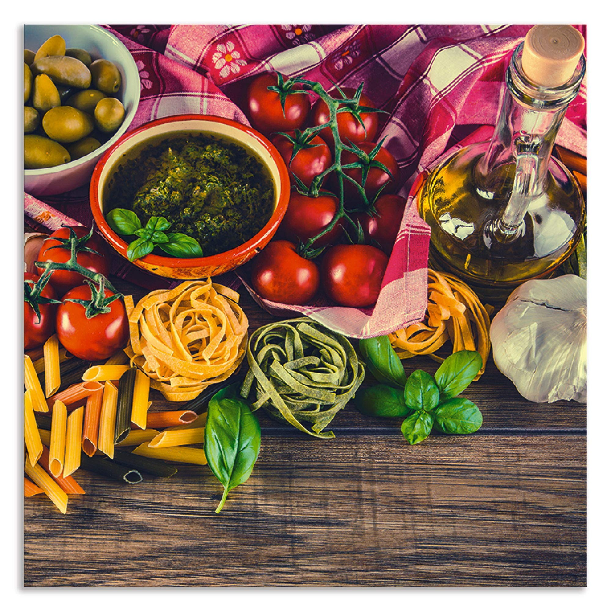 ARTland Spritzschutz Küche aus Alu für Herd Spüle 60x60 cm (BxH) Küchenrückwand mit Motiv Essen Lebensmittel Italien Pasta Gemüse Tomaten Mediterran S7SL