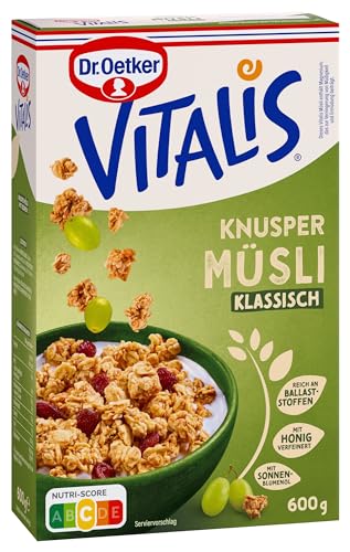 Dr. Oetker Vitalis Knuspermüsli klassisch, Knuspriges Frühstücksmüsli mit Rosinen, 7er Packung (7 x 600g)