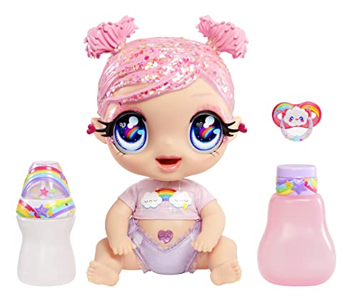 Glitter Babyz MGA DREAMIA Stardust - Babypuppe mit 3 magischen Farbwechseln durch eiskaltes Wasser, Rosa Glitzer-Haar, Regenbogen-Outfit, Windel, Flasche und Schnuller - Für Kinder ab 3 Jahren