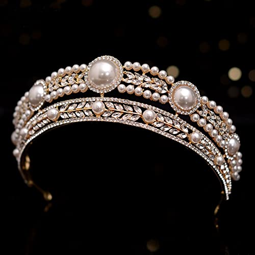 LZQPEARL Crystal Pearls Braut -Tiaras Kronen -Strass -Festzug Diadem Stirnbänder Hochzeit Haare AccessPries Brautkrone (Metal Color : H035 Gold Color)