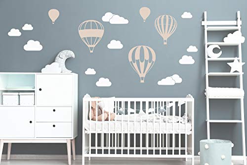 Heißluftballon mit WOLKEN SET 20 teilig Vinyl Wandtattoo Wandaufkleber Sticker Aufkleber Wand Himmel Baby (Beige)