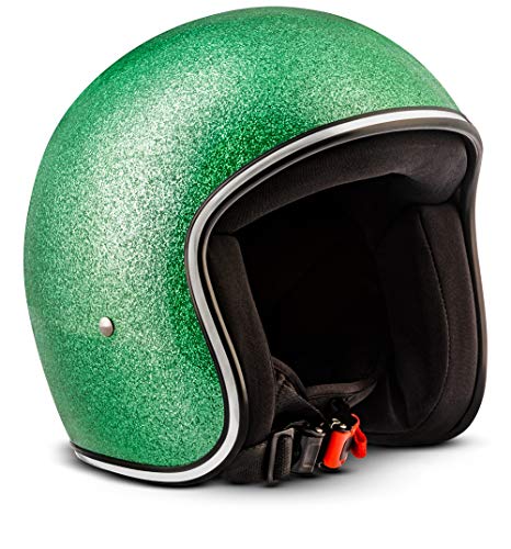 Rebel · R2 „Flakes Green“ (Grün) · Jet-Helm · Motorrad-Helm Scooter-Helm Chopper Roller Mofa Retro · Fiberglass · Extra small Shell · Click-n-Secure™ Clip · Tragetasche · XS (53-54cm)