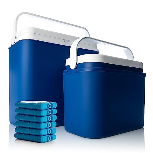 BigDean Kühlbox 2er Set 24 L groß + 10 L klein blau/weiß inkl. 6 Kühlakkus - Bis zu 9 Std. Kühlung - Outdoor Kühltasche Thermobox für unterwegs - Made in Europe