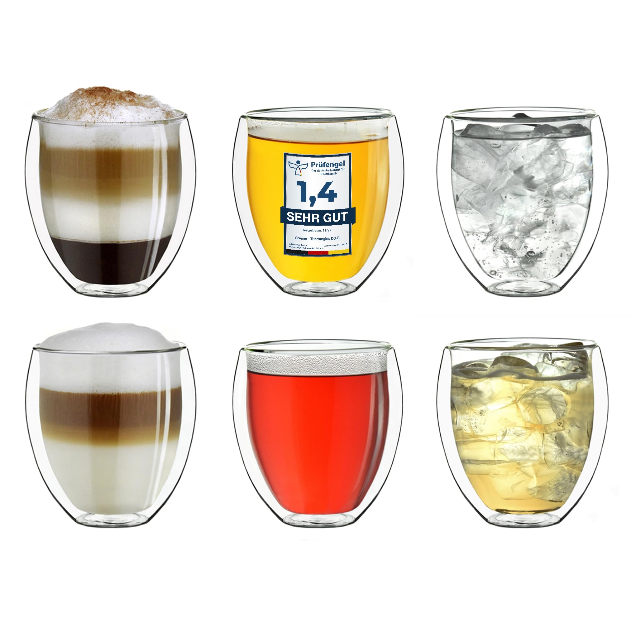 Creano doppelwandige Gläser 250ml „DG-Bauchig“, 6er Set, großes Thermoglas doppelwandig aus Borosilikatglas, Kaffeegläser, Teegläser, Latte Gläser, Doppelwandgläser
