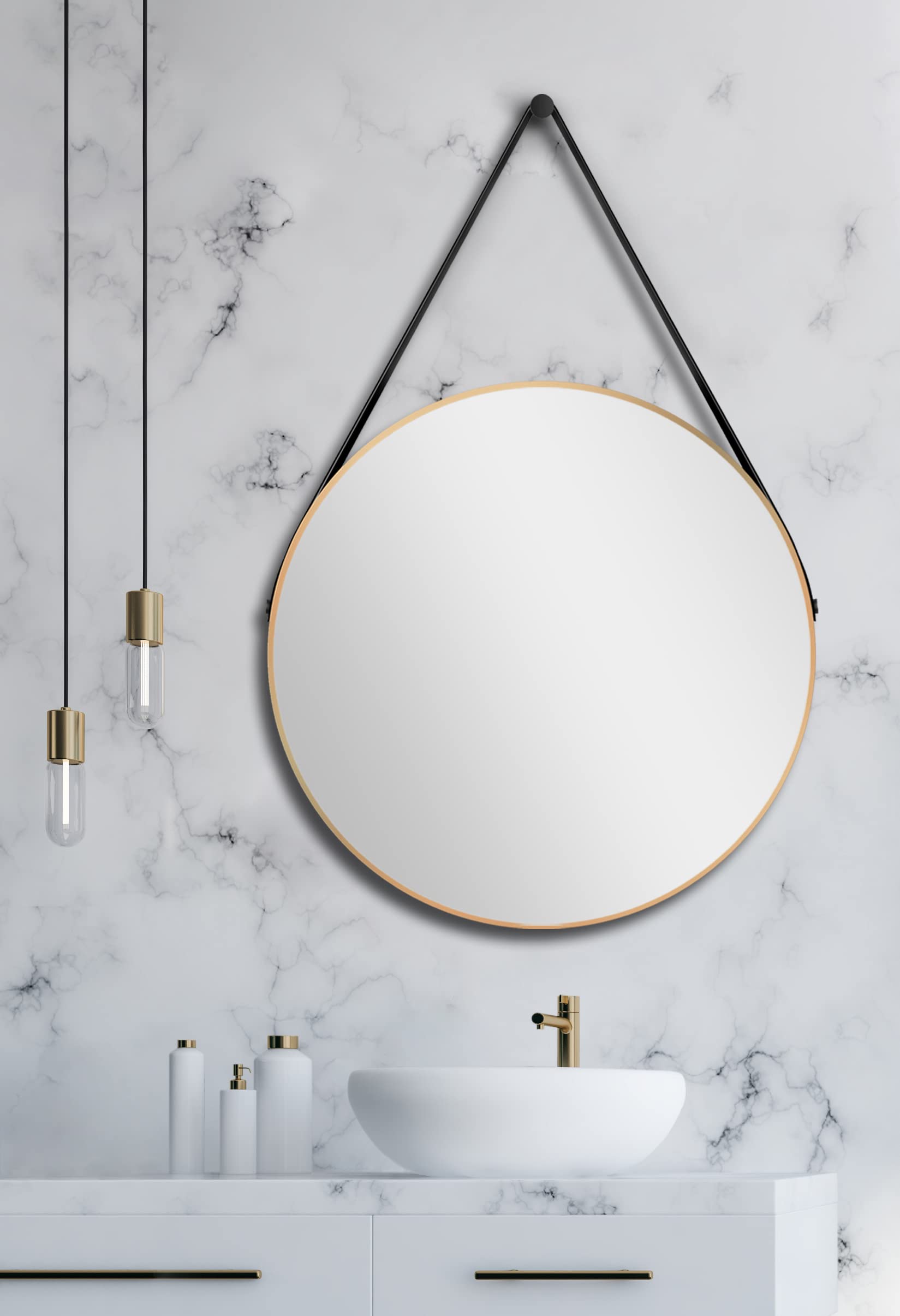 Talos golden Style Spiegel rund Ø 80 cm – runder Wandspiegel in matt Gold – Badspiegel rund mit hochwertigen Aluminiumrahmen – Badezimmerspiegel mit trendigem Aufhänge Band in Lederoptik