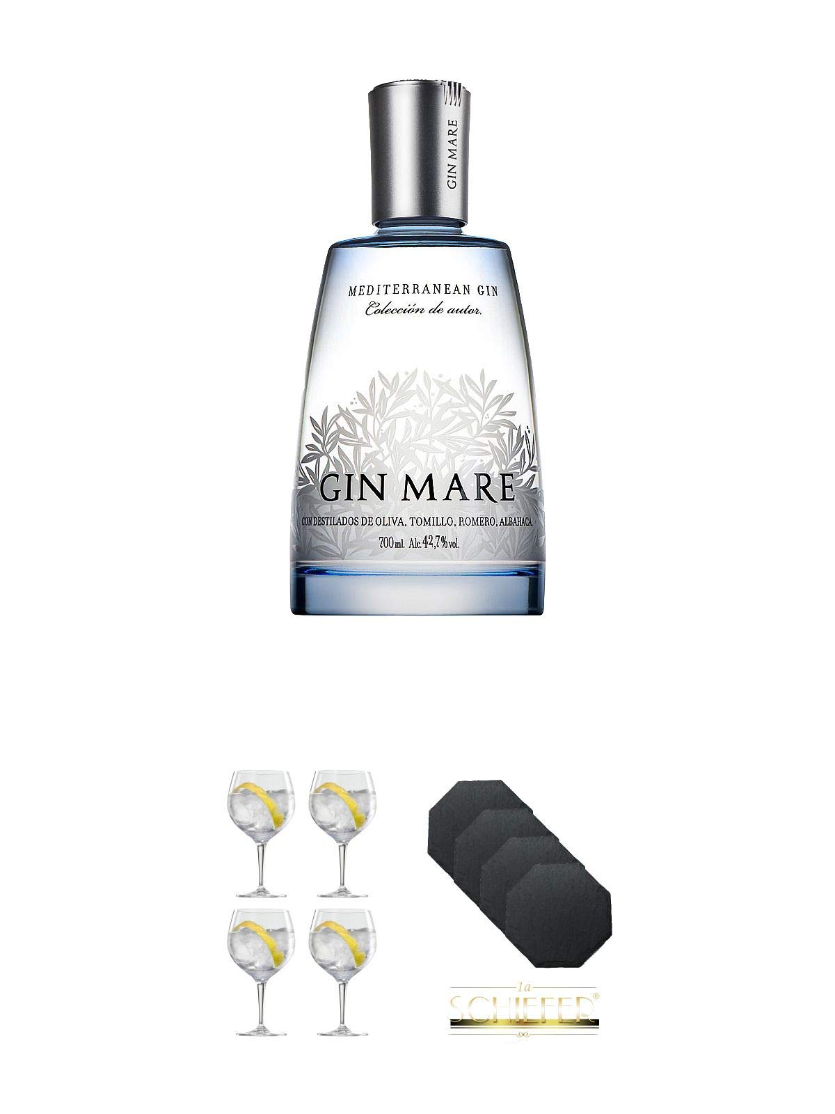 Gin Mare aus Spanien 0,7 Liter + Spiegelau Gin & Tonic 4390179 4 Gläser + Schiefer Glasuntersetzer achteckig 4 x ca. 9,5 cm Durchmesser