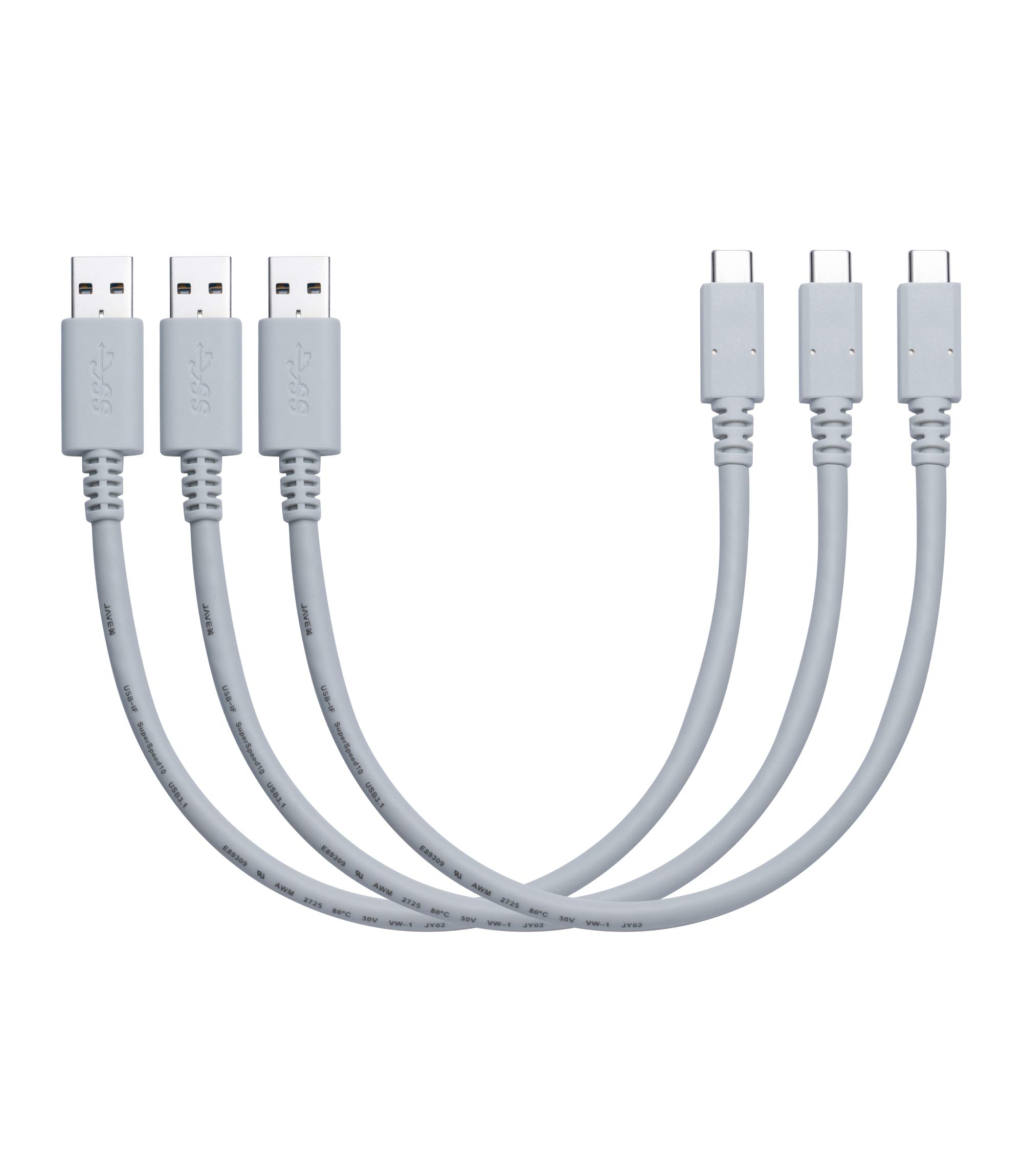 JAVEX [1FT, 3er Pack] USB 3.1 Gen2 10 Gpbs Typ C zu A-Kabel, Sicherheit UL-gelistet, Cool Grey