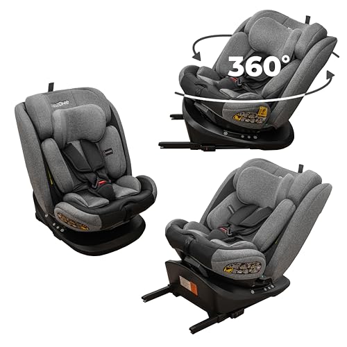 KidsZone Kindersitz für Autos mit und ohne ISOFIX - 360° Drehbar, Kinderautositz für Gruppe 0+/1/2/3 (0-36 kg), 5 Punkt Sicherheitsgurt, Toptether, Einstellbare Kopfstütze Grau
