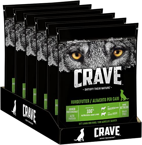 CRAVE Premium Trockenfutter mit Lamm & Rind für Hunde – Getreidefreies Adult Hundefutter mit hohem Proteingehalt – 6 x 1 kg