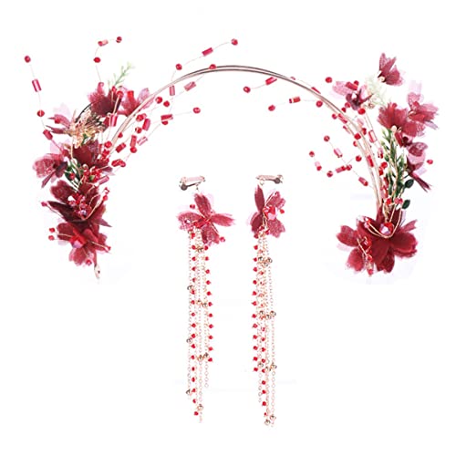 1set Ohrringe mit Zubehör Blumenbraut Blumenkopf Haar im chinesischen Stil Ohr Haarband Stirnband Kopfschmuck Braut Kopfbedeckung Hochzeit