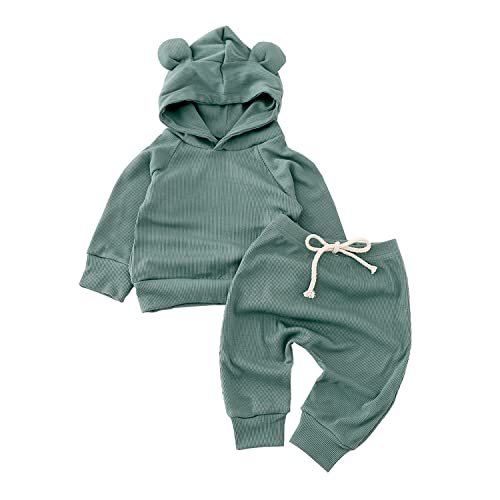 Verve Jelly Infant Baby Mädchen Jungen Gerippter Trainingsanzug Bärenohr Kapuzenpullover + Kordelzughose 2Pcs Gestrickte Winteroutfits