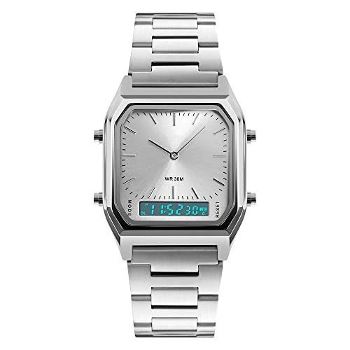 FeiWen Unisex Fashion Digital Sport Uhren LED Analog Quarz Doppel Zeit Eckig Edelstahl Wählscheiben Multifunktional Armbanduhren Casual Stil, Silber
