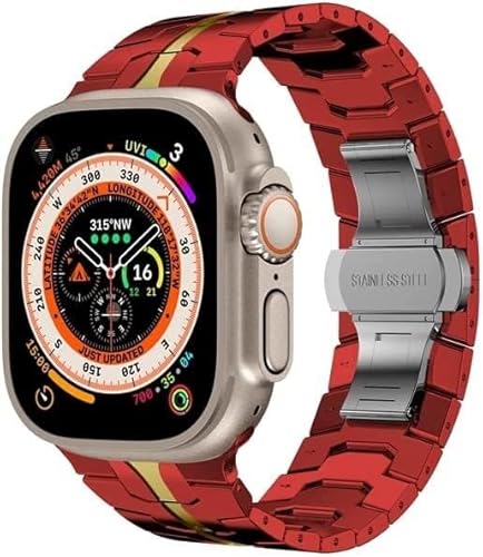 HHBYLEEE- Premium-Edelstahl-Metallband für Apple Watch 49 mm, 44 mm, 45 mm, für Iron Man-Armband, Metallschnalle, kompatibel mit iWatch Ultra 8, 7, SE, 6, 41/40/38/42 mm(F,42/44/45/49mm)