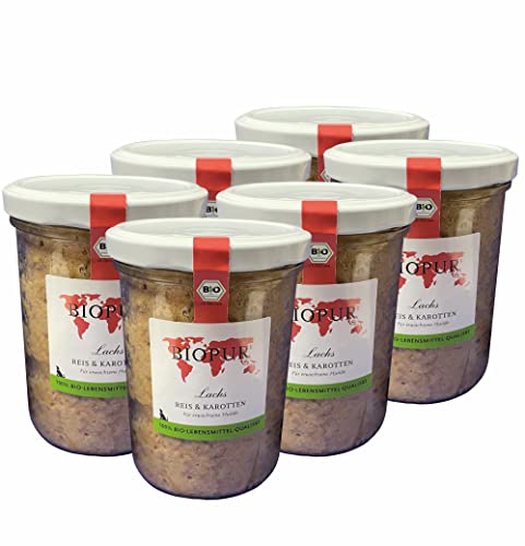 BIOPUR Hundenassfutter Lachs, Reis & Karotten 6x370g in 100% Bio-Lebensmittelqualität - ausgewogenen Zusammensetzung - aus hochwertigen Rohstoffen