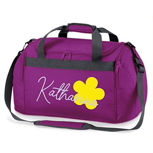 Kinder-Sporttasche mit Blume & Namen | INKL. Namensdruck | Personalisieren & Bedrucken | Reisetasche zum Umhängen (lila)