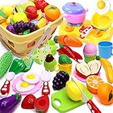 Airlab Kinderküche Spielküche Zubehör, 48 Stück Kinder Küchenzubehör Schneiden Obst Gemüse Lebensmittel, Küche Spielzeug Rollenspiel Lernspielzeug Geschenk