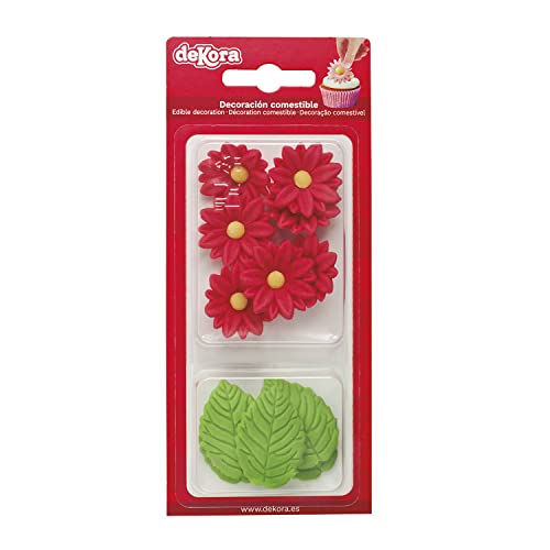 Dekora - Essbare Blumen für Torte aus Zucker - Box mit 7 roten Gänseblümchen und 5 grünen Blättern - Zuckerblumen Tortendeko Geburtstag Essbar