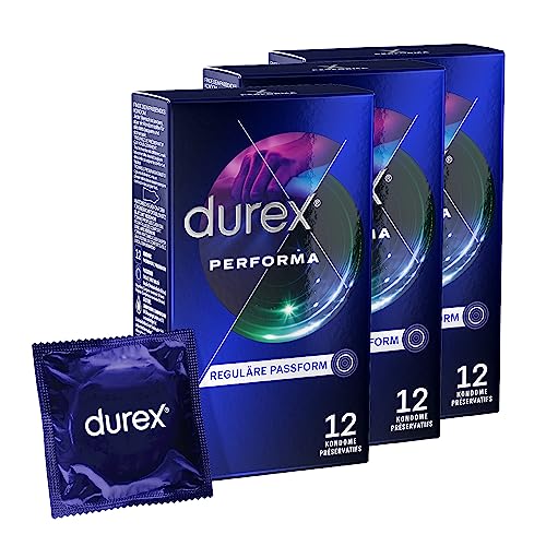 Durex Performa Kondome - Aktverlängernde Kondome mit 5% benzocainhaltigem Gel für länger andauerndes Sexvergnügen – 3er Pack (3 x 12 Stück)